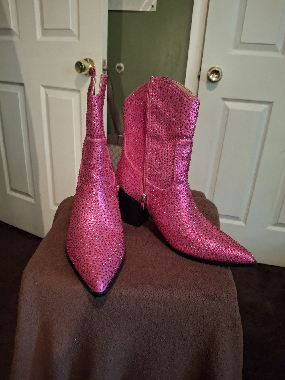 Women's Pink Rhinestone Western Booties with Side Zip